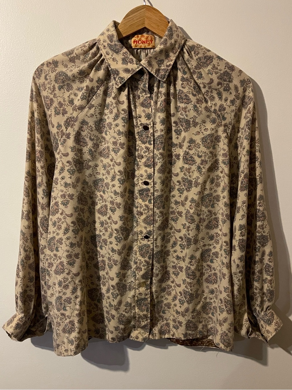 Vintage Honey Cream Floral Paisley Pleated Button Down Blouse Top L